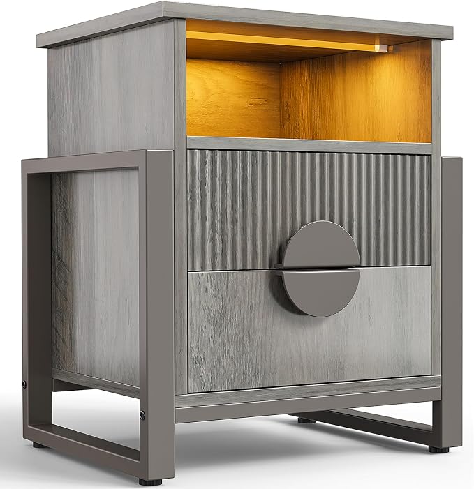 LGHM Fluted Nightstand with Charger Station Strip Lights, 20.47" W Night Stand with 2 Drawers, Large Accent Bed Side Table and End Table, Large Open Cubby Storage, Raising H Legs,Gray by WelcometoLGHMHome