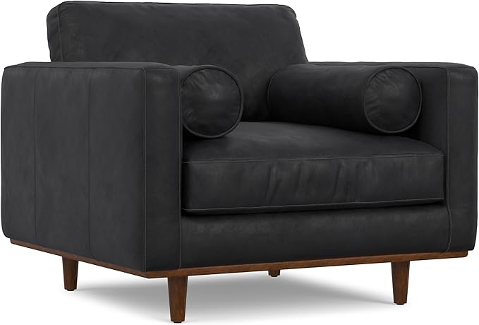 SIMPLIHOME Morrison Arm Chair - 42 inch Wide Upholstered Genuine Leather Mid-Century Modern Accent Chair in Lead Black with Solid Wood Legs, Reversible Bolster Pillows and Reclined Back