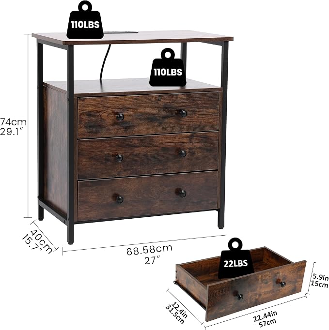 Edbuosy 3 Wooden Drawers Night Stand, 27 Inch Wide Nightstand with Charging Station and Adjustable Drawers, Small Dresser for Closet, Bedside Table for Living Room/Bedroom/Office, Retro Brown. - Image 2