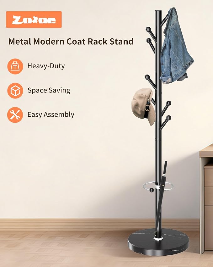 ZOZOE Metal Coat Rack Stand, Modern Coat Rack Freestanding with Natural Marble Base, Sturdy Industrial Coat Racks with 8 Hooks & Umbrella Holder,Black Coat Tree Hanger Stand for Entryway,Office - Image 6