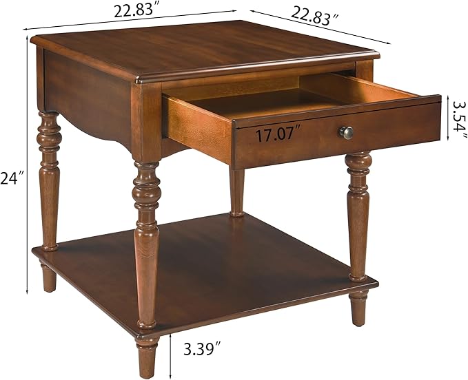 Large End Table with Drawer and Storage Shelf, Solid Wood Sofa Side Table, Slim Beside Table,Telephone for Small Spaces, Living Room, 22.8"L x 22.8"W x 24"H ,No-Tools Assembly,Caramel Brown CJZC008DR