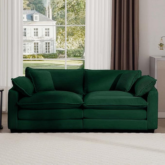 KEIKI 80" Oversized Corduroy Modular Sectional Loveseat Sofa with High-Density Foam Cushions, Removable Armrests, Upholstered Modern 2-Seater Fluffy Corner Couch with 4 Pillow, for Living Room, Green