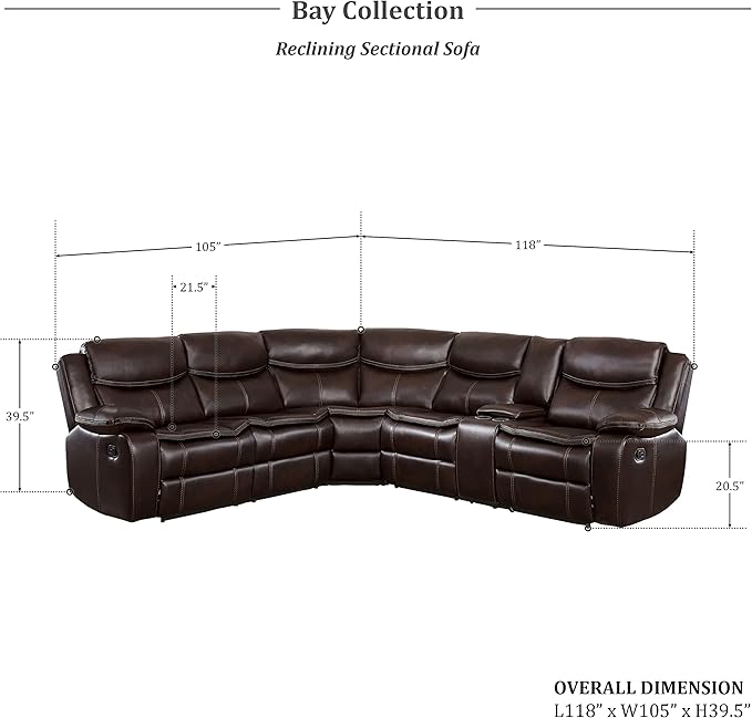 Lexicon Bay 3-Piece Manual Reclining Sectional Sofa, Dark Brown