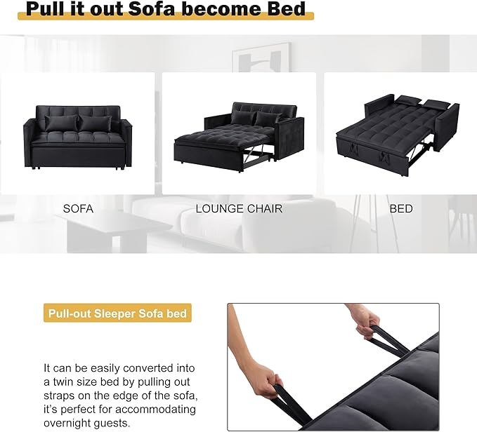 Convertible Sofa Bed, Pull Out Couch with Side Pockets, 3 in 1 Velvet Fabric Loveseat Sleeper Sofa Bed, Pull Out Couch with Adjustable Backrest for Living Room, Bedroom, Apartment, Black