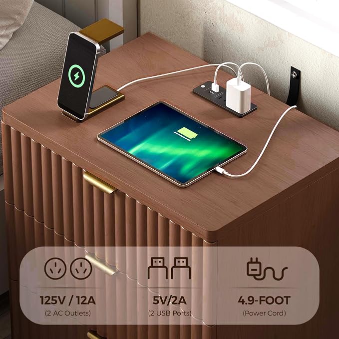 Nightstand with Charging Station, Wood Night Stand with 3 Drawers Storage Bedside Table Large Fluted Bed Side End Table, Modern Nightstand for Bedroom Living Room (Walmut) - Image 4