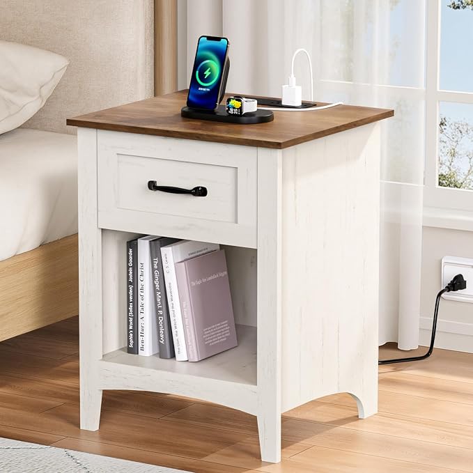 HOMMPA Farmhouse Nightstand with Charging Station, Mid Century Modern Night Stand w/Drawer & Open Shelf, Wood Bedside Table Night Table, Rustic End Table for Bedroom, Rustic White - Image 9