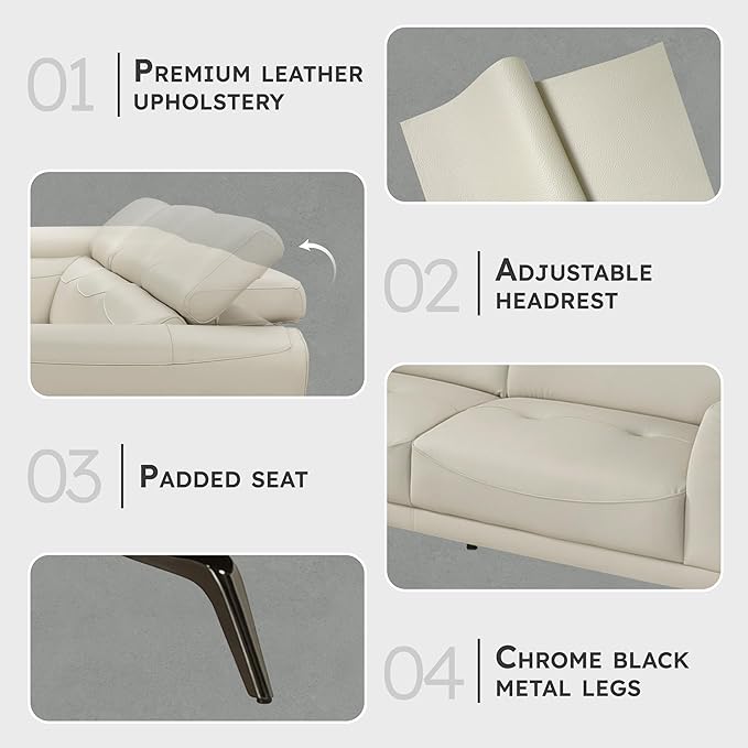 Lexicon L-Shaped Sectional Couch with Left Chaise, Top Grain Leather Match Sectional Sofa, Adjustable Headrests, Black Chrome Metal Legs, High-Density Cushions, Stitching, for Living Room, Beige