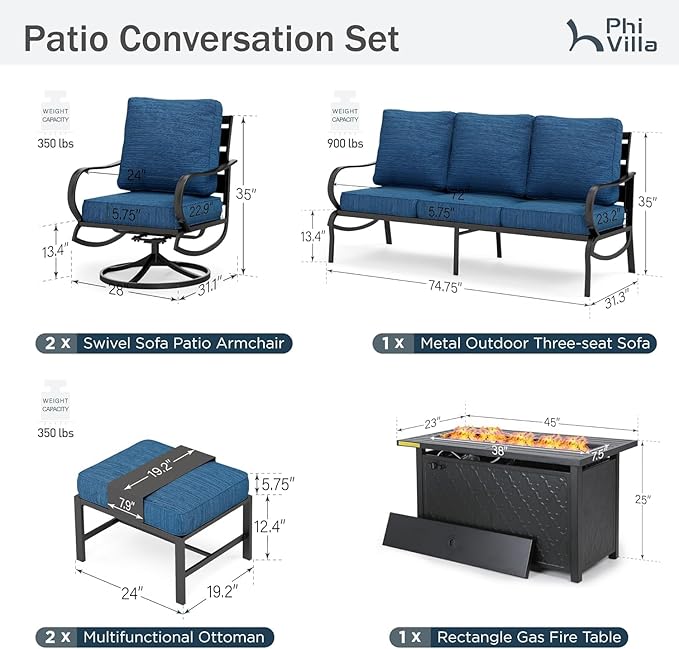 PHI VILLA 6 Pieces Patio Furniture Set with Firepit Table, 3-Seat Metal Outdoor Sofa, 2 x Swivel Sofa Chairs & 2 Ottomans, 5.75" Thick Cushioned Patio Conversation Set Backyard Furniture, Peacock Blue