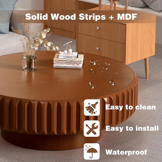 31.5in Drum Coffee Table with Storage Modern Unique Fluted Tea Table Contemporary Round Coffee Table with Fluted Center Table for Small Space Apartment(31.5in)