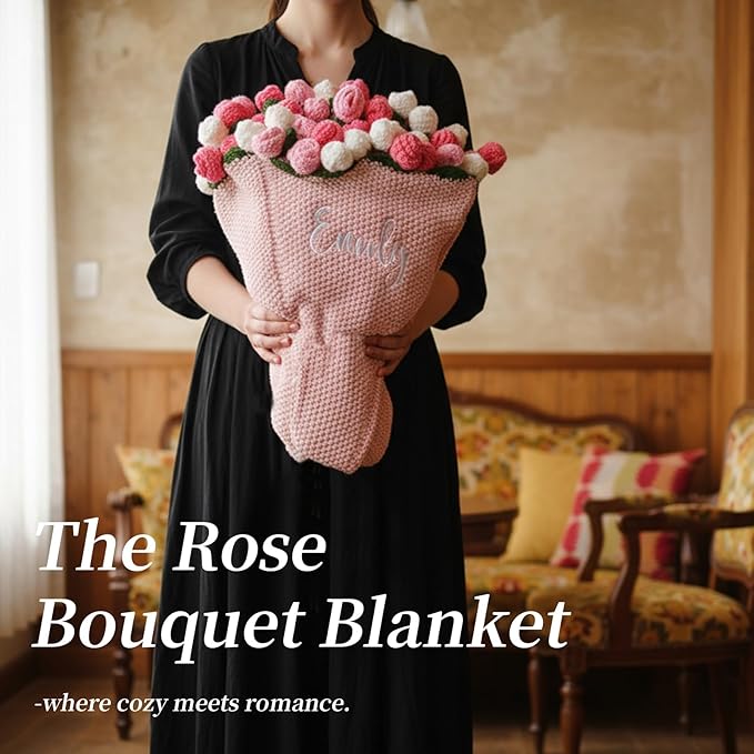 Personalized Handmade Crochet Rose Flower Blanket Bouquet – Custom Name Gift for Mother's Day, Valentine’s Day, Mom or Girlfriend（Pinkish White）