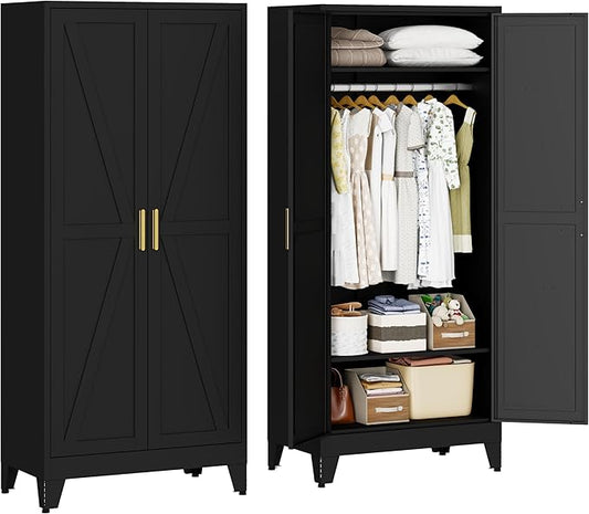 71" Metal Wardrobe Closet with Hanging Rod & Adjustable Shelves, 2 Doors Black Armoire Wardrobe Closet for Bedroom, Laundry Room, Office, Metal Clothing Storage Wardrobe Cabinet