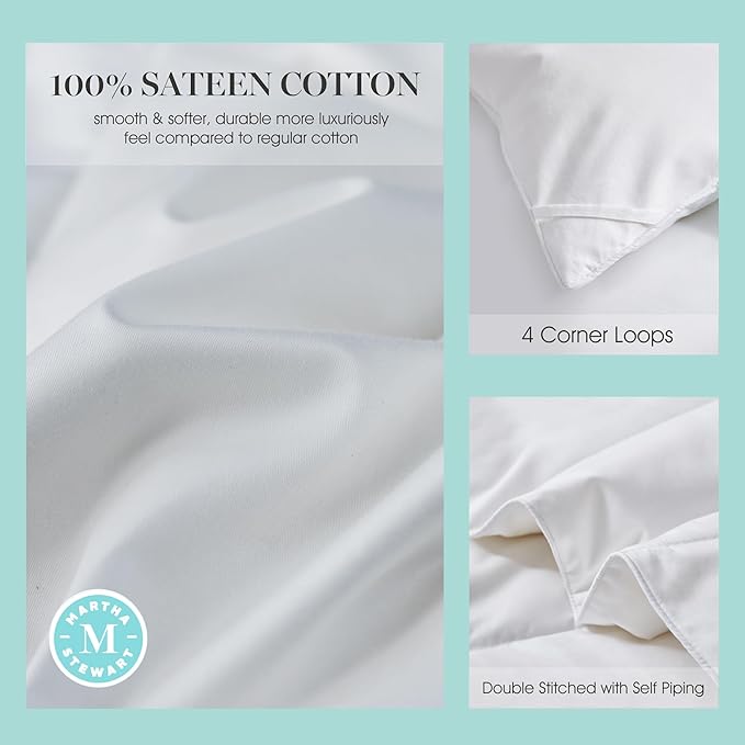Martha Stewart 650 Fill Power Fluffy White Down Comforter - Light Warmth Down Duvet Insert 300 Thread Count 100% Sateen Cotton Bedding Comforter with Corner Loops Twin Size Made in USA - 68" x 90"