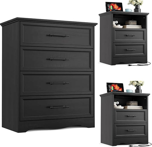 Bedroom Set, 3 Pieces Bedroom Furniture Set, Wood 4 Drawer Dresser and Nightstands with Charging Station, Farmhouse Storage Organizer Cabinet for Bedroom, Black