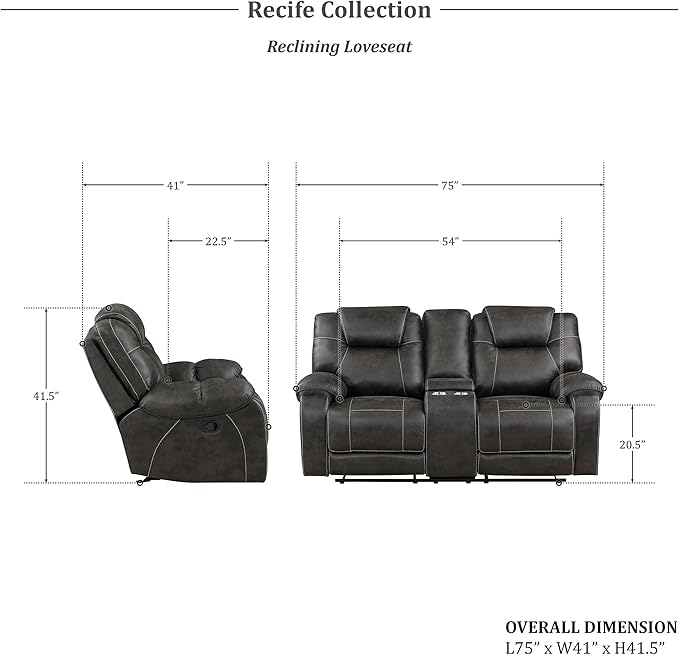 Lexicon 2 Piece Living Room Furniture Sets, Polished Microfiber Manual Reclining Sofa Set with Pillow Top Arm, Padded Headrest, Wall Hugger Manual Double Reclining Sofa & Loveseat, 2 Pieces, Chocolate