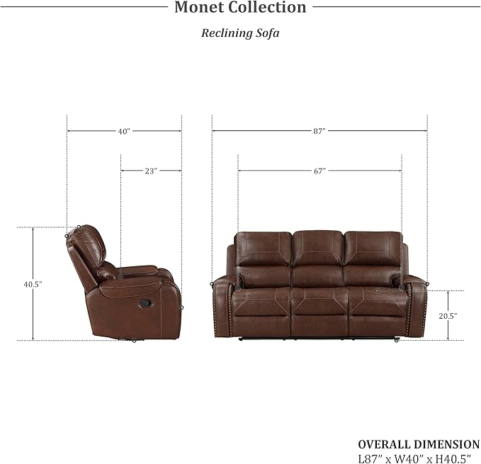 Lexicon Monet 3-Piece Manual Reclining Living Room Sofa Set, Brown