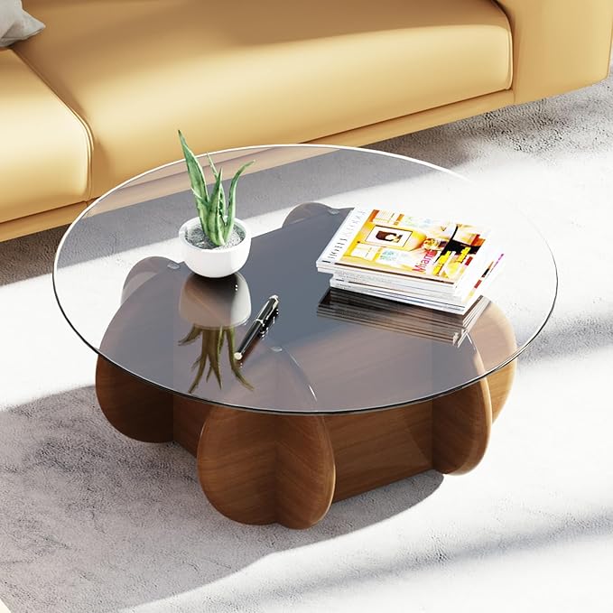 Transparent Round Glass Coffee Tables Noguchi Elegant Round Coffee Table with Solid Wood Legs and Tempered Glass Tabletop for Living Room Home Small Space Reception Office Tables 31.5"