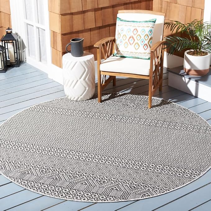SAFAVIEH Courtyard Collection 10' Round Grey/Black CY8235 Indoor/Outdoor Non-Shedding Easy Cleaning Patio Backyard Porch Deck Mudroom Area Rug by SAFAVIEH
