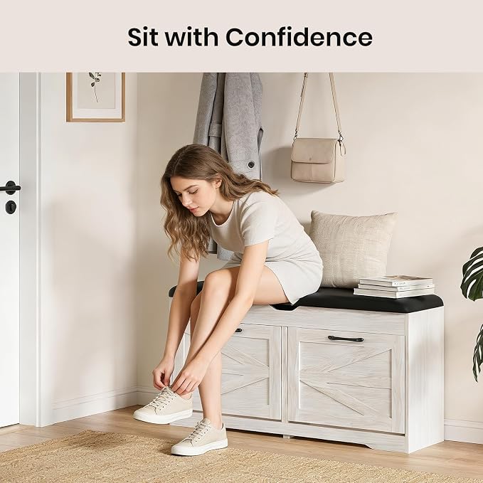 Shoe Storage Bench Cushion, Entryway Bench with Storage, End of Bed Shoe Benches, Small Shoe Rack Benches, Entry Way Shoes Cabinet for Entryway, Bedroom, Living Room, Farmhouse, White - Image 3