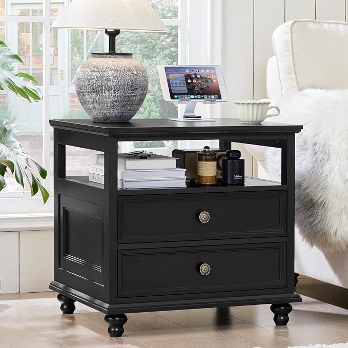 Joaxswe 24" Wide Farmhouse Night Stand,Large End Table with 2 Drawers & Metal Handle,Wood Dresser for Bedroom, Black Bed Side Table Chest of Drawers Cabinet,Nightstand for Living Room,Closet by Joaxswe