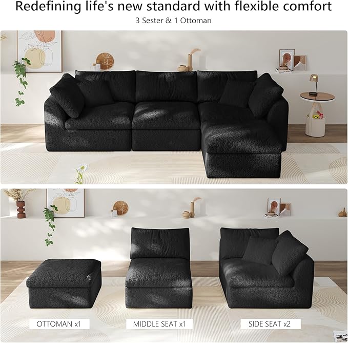 108" Modular Sectional Sofa Boneless Cloud Couch for Living Room, L Shape Deep Seat recliner sofa with Ottoman, Adjustable Backrest & 2 Throw Pillows - Covers Washable, (Black, 3 Seater+1 Ottoman)