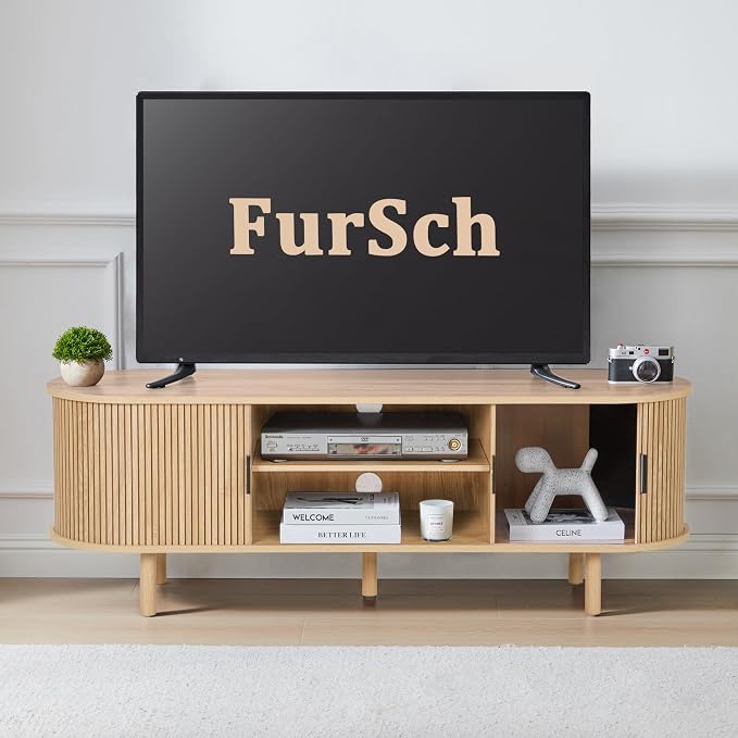 FurSch 54" Tambour Door TV Stand,Wood Mid Century Modern TV Cabinet for Up to 65“ TV,Curved Edge Long TV Stand with Storage for Bedroom Living Room(Natural, 54inch) - Image 5