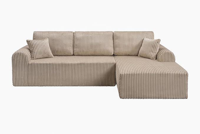 109-Inch L-Shaped Right Facing Boneless Corner Sofa 2 PCS Modular Sectional Cloud Sofa Couch with Chaise Lounge and Toss Pillow, Corduroy Boneless L-Shaped Couches