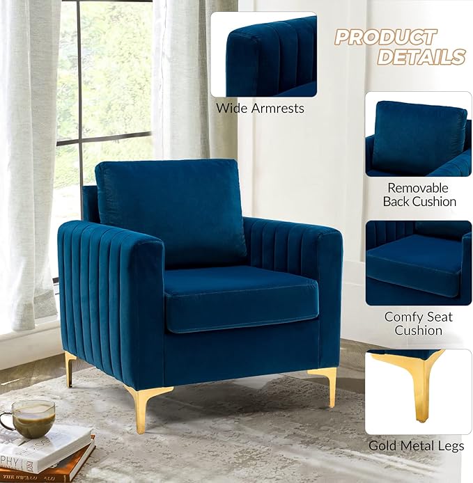 HULALA HOME Velvet Accent Club Chairs Set of 2, Modern Velvet Armchair Upholstered Accent Club Chairs Sofa Chairs with Gold Metal Legs Mid-Century Barrel Leisure Comfy Reading Armchair, Navy