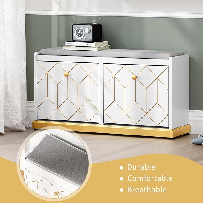 HLR Shoe Bench with Storage, Modern Entryway Bench with 2 Flip Drawer & Padded Cushion Seat, Shoes Storage Bench for Hallway, Closet, Living Room, White Shoe Storage Cabinet with Bench - Image 7