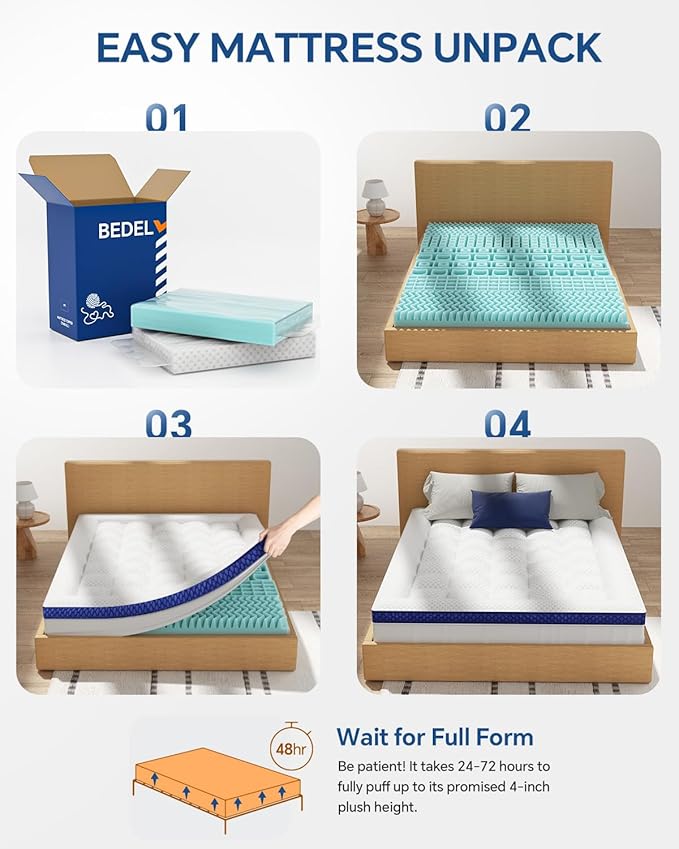 BEDELITE King Mattress Topper Dual Layer 4 Inch Memory Foam Mattress Topper, 2 Inch Pilow Top Mattress Pad and 2 Inch Premium Gel Foam Mattress, with Stretchable Pockets Up to 6"-24"