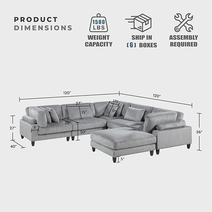 Lexicon 120 Inch Modular Sectional Sofa - Oversized 6 Seater Corduroy U Shaped Sectional Couch with Ottoman, 8 Accent Pillows, and Flexible Arrangement for Modern Living Rooms, Gray
