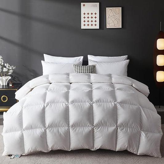 L LOVSOUL Goose Feather Down Fiber Comforter Full Size, 100% Organic Cotton Fabric Duvet Insert,1200TC,750+FP, Hotel Collection, Heavyweight White Bedding Comforters with 8 Tabs,72oz