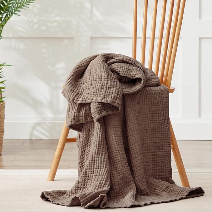 100% Cotton Muslin Blanket King 108" x 90", Breathable and Lightweight Cotton Throw Blanket for Bed, Soft Cooling Summer Gauze Blanket for Adults All Season, Brown