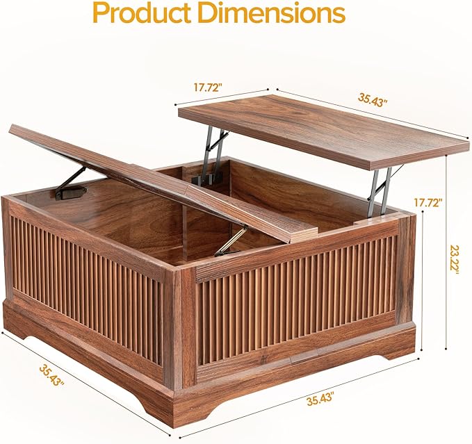 Lift Top Coffee Table with Storage, Fluted Coffee Tables with Lifting Top, Modern Farmhouse Square Center Table for Living Room, Home Office, with Hidden Compartment, Flip-Up Lids, Walnut