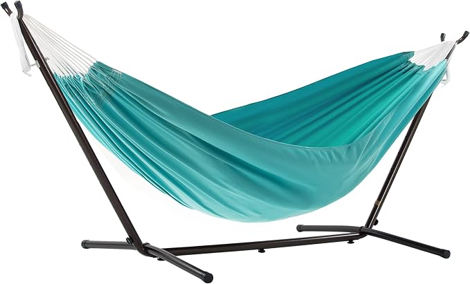 Vivere Double Sunbrella Hammock, Weather-Ready Outdoor Lounger with Space-Saving Steel Stand and Carry Bag, 450 Lb Capacity, 9 Foot, Aruba by Vivere