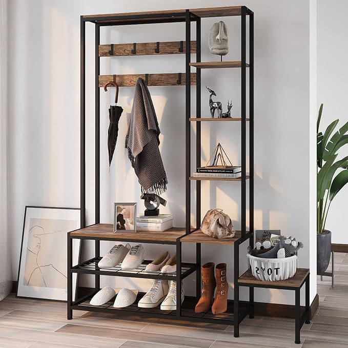 Espelism Hall Tree with Shoe Storage Bench Coat Rack with 7 Hooks Interchangeable 4 Tier Side Storage Shelves Small Cute Side Bench Industrial 5-in-1 Entryway Coat Rack for Hallway Mudroom Bedroom by Espelism