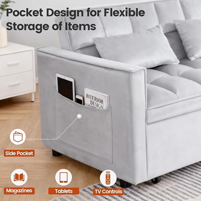 3 in 1 Sofa Bed, Love Seat Sleeper Bed with Side Pockets, Velvet Fabric Pull Out Couch with Adjustable Backrest for Living Room, Bedroom, Apartment,Gray
