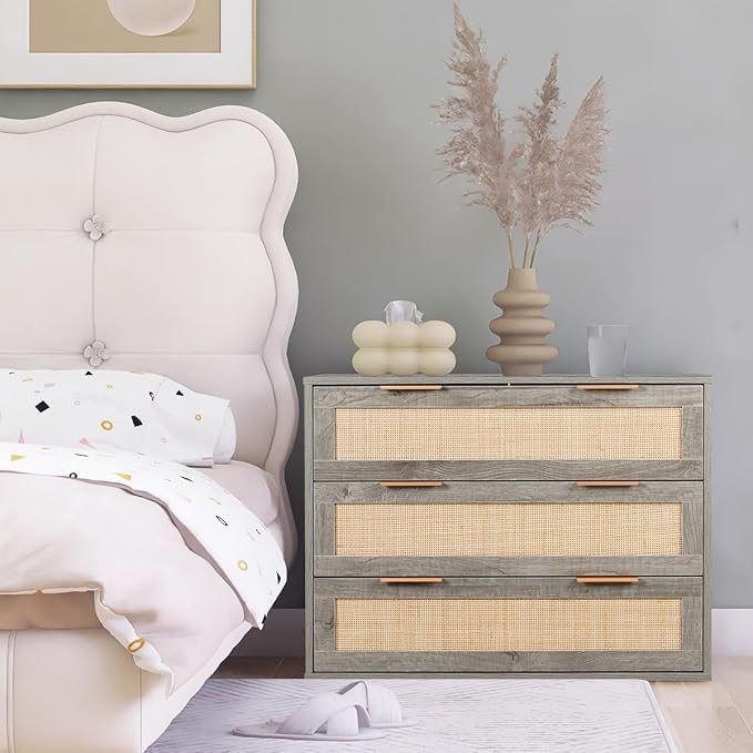 HOPUBUY Large Nightstand Set of 2 with Rattan Drawer, Modern 3 Drawer Night Stand for Bedroom, Wooden Bedside Table for Queen Size and King Size Bed,Grey - Image 4