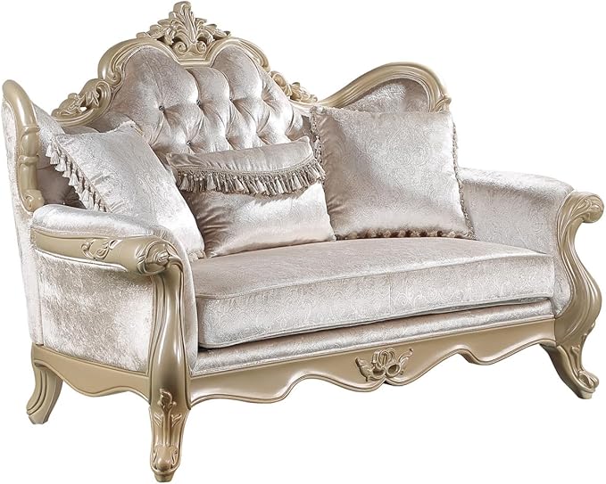Acme Libertee Fabric Upholstered Loveseat with 3 Pillows in Beige/Champagne
