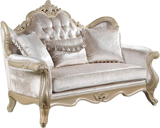 Acme Libertee Fabric Upholstered Loveseat with 3 Pillows in Beige/Champagne