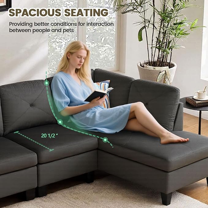 Sectional Couches for Living Room Furniture, 4 Seat L Shaped Couches with Ottoman, Modular Sectional Sofa for Apartment Furniture Sets, Grey