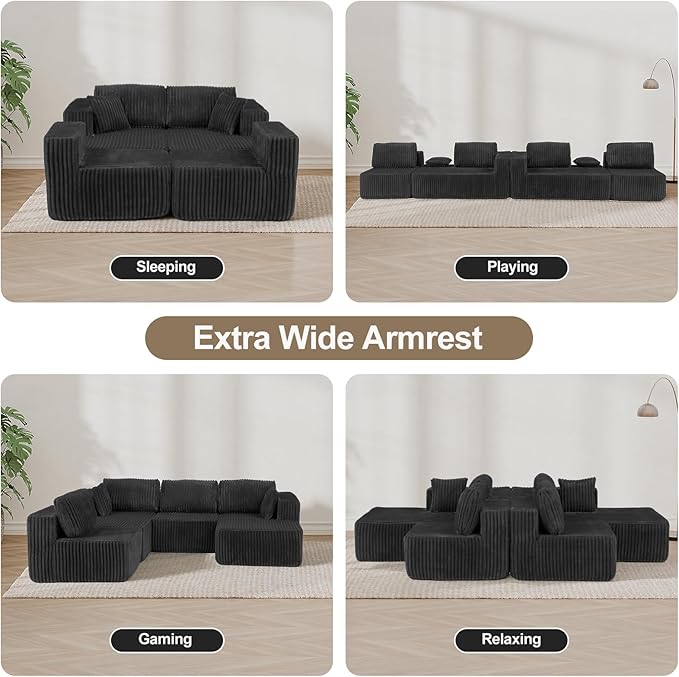 132" U Shaped Couch, Oversized Modular Sectional Sofa with Chaise, Corduroy U Shaped Couch with Deep Seat, Boneless Couches for Living Room, No Assembly Required, Gray