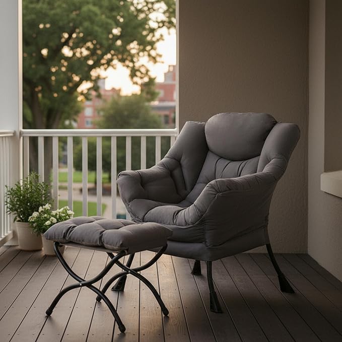 Tiita Lazy Chair with Ottoman, Modern Large Accent Lounge Chair, Leisure Sofa Armchair with Ottoman, Reading Chair with Footrest for Bedroom, Living Room, Dorm Rooms, Garden Dark Grey