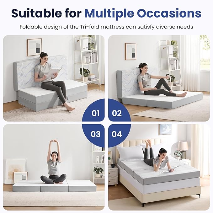 Foldable Mattress Cot, 4 Inch Memory Foam Folding Mattress Cot, Trifold Mattress with Breathable & Washable Cover, Portable Mattress for Guest Bed, 75"x31"x4"
