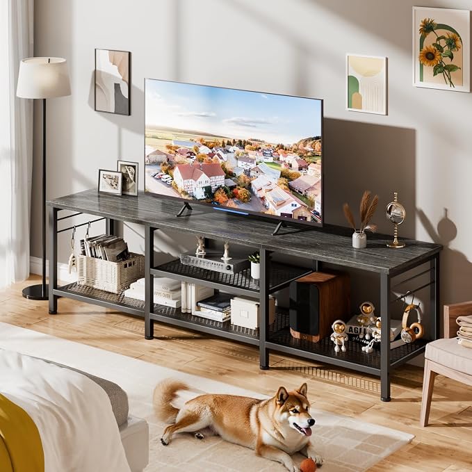 Furologee TV Stand for TVs up to 70 Inch, 63 Inch Entertainment Center with Open Storage Shelves, Television Stands with Soundbar Shelf for Living Room, Bedroom, Black Oak - Image 5