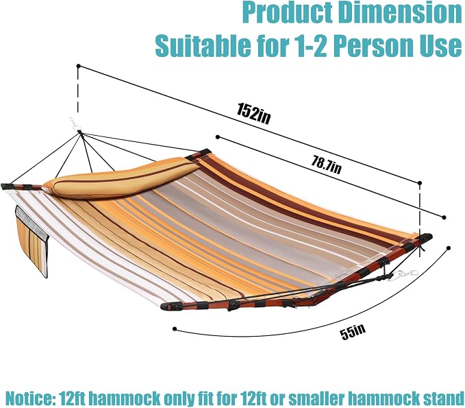 TegerDeger 12FT 2 Person Hammock Large Hammock 450LB Capacity with V Shaped Hardwood Spreader Bar & Nylon Rope for Outside, Patio, Garden, Backyard, Beach, Poolside - Fall Yellow Stripes - Image 6