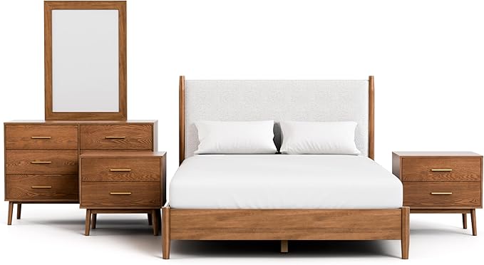 Furniture of America Wyatt Modern Solid Wood Bedroom Collection with Queen Bed Frame, Nightstands, Dresser with Mirror, No Box Spring Needed, Walnut, Boucle Platform, 5-Piece Set