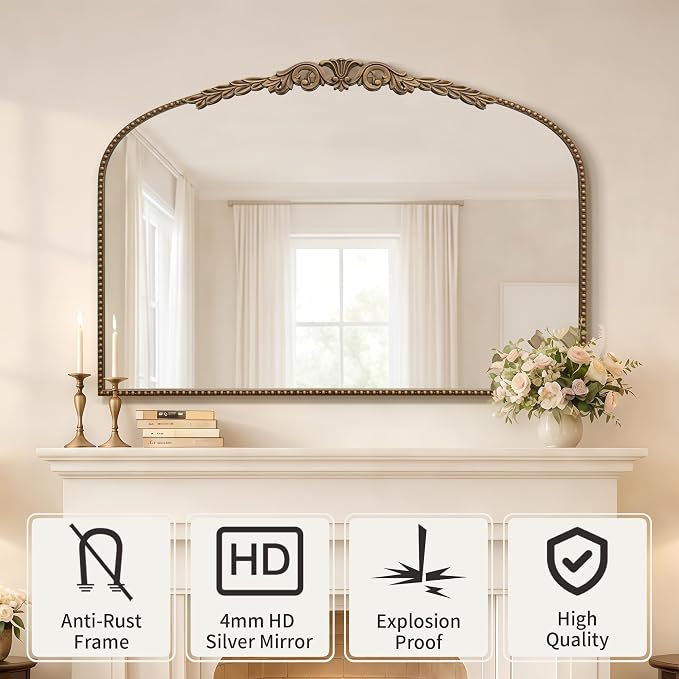 Besdomus Gold Large Fireplace Mirror: 48"x 33" Baroque Vintage Arched Mirror - Traditional Ornate Antique for Bathroom/Vanity/Mantel/Bedroom/Entryway/Hallway - Home Decor for Living Room - Image 2