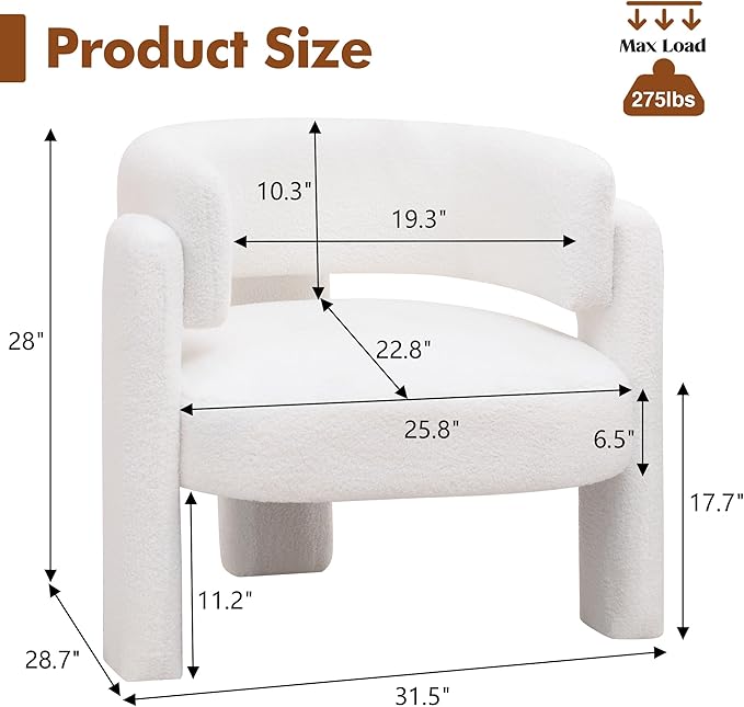 Accent Chairs Set of 2, Modern Sherpa Barrel Chairs, Upholstered Living Room Chairs with 3 Legs, Comfy Armchair Reading Side Chair for Bedroom, Office, Apartment, White
