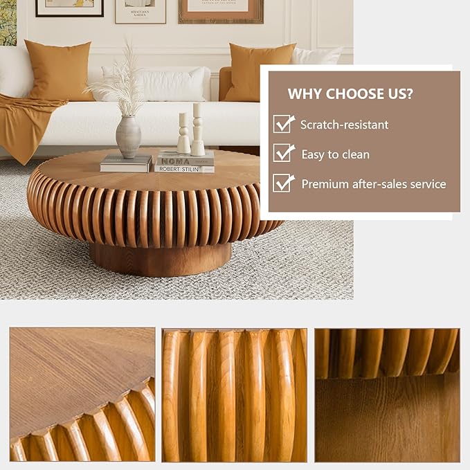 Round Drum Coffee Table Modern Unique Circle Drum Coffee Tables Mid Century Coffee Table with Sturdy Pedestal Fluted Tea Table for Living Room Office Small Space(Brown 31.5in)
