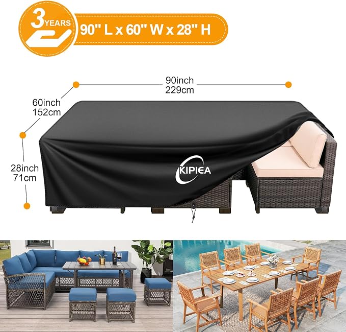 Kipiea Outdoor Furniture Covers Waterproof, 420D Heavy-Duty Patio Furniture Set Covers, No Tears Anti UV No Fading (90" L x 60" W x 28" H) - Image 2